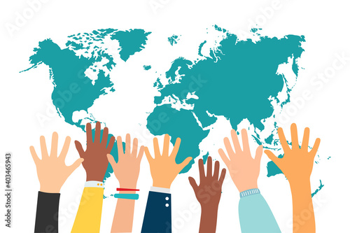 Planet earth and hand, multicolored design of peace and unity. Vector illustration