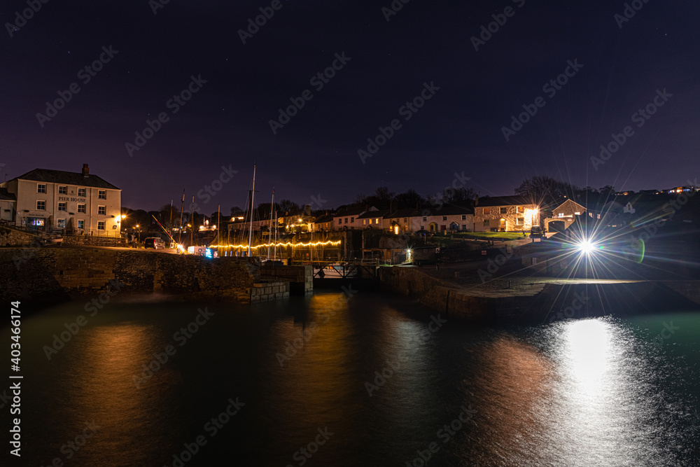 The lights of Charlestown, Cornwall, at night