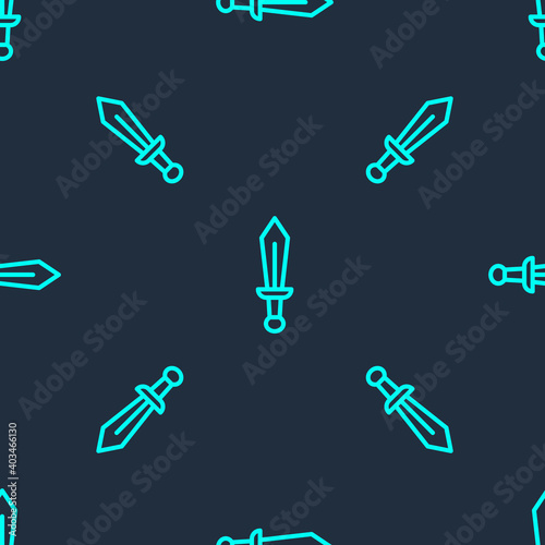 Green line Sword toy icon isolated seamless pattern on blue background. Vector.
