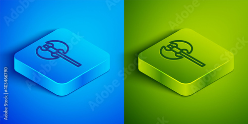Isometric line Medieval axe icon isolated on blue and green background. Battle axe, executioner axe. Medieval weapon. Square button. Vector.