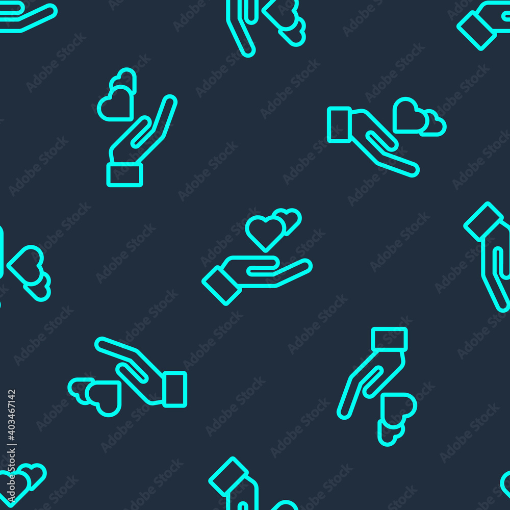 Green line Heart in hand icon isolated seamless pattern on blue background. Hand giving love symbol. Valentines day symbol. Vector. Green line Heart in hand icon isolated seamless pattern on blue background. Hand giving love symbol. Valentines day symbol. Vector.