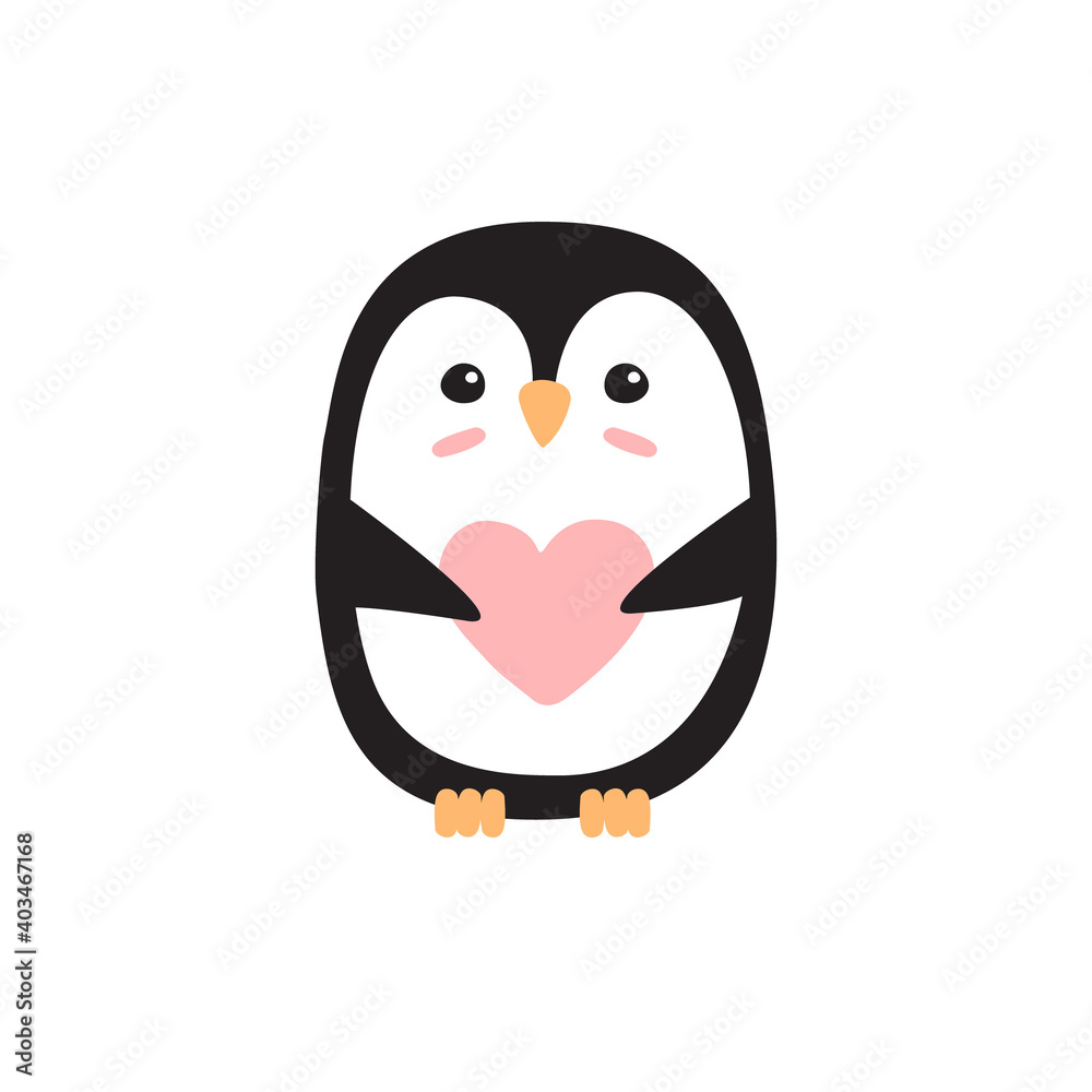 Obraz premium Vector flat cartoon hand drawn doodle colored penguin with heart isolated on white background