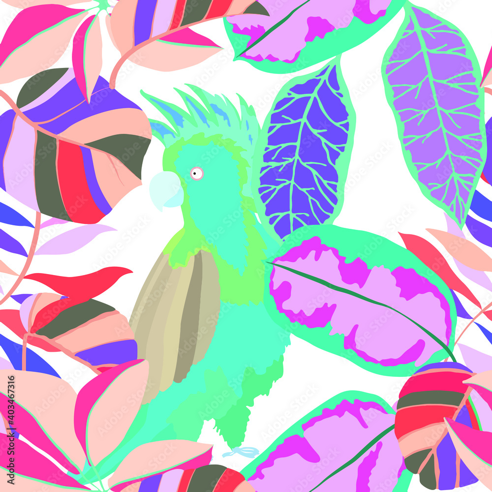 Creative seamless pattern with tropical birds, parrots, leaves and flowers. Trendy texture with hand drawn exotic plants. Swimwear botanical design. Jungle exotic summer print.	