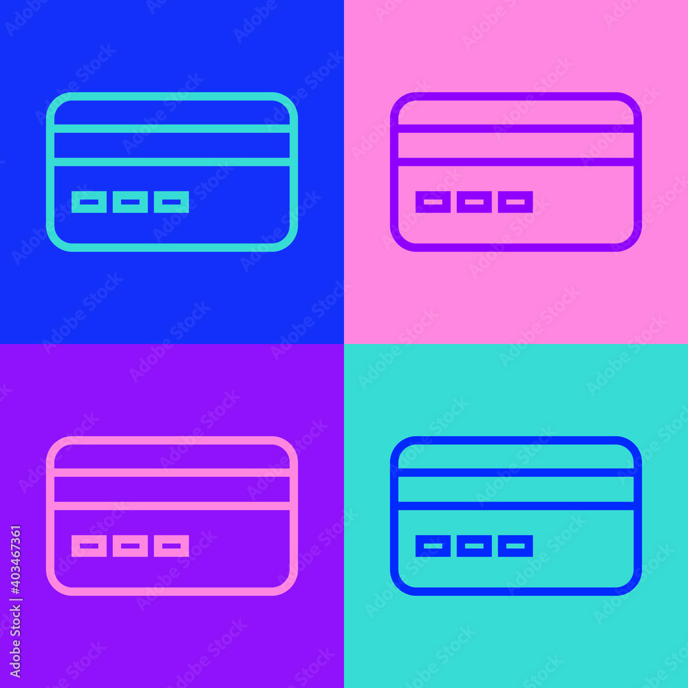 Pop art line Credit card icon isolated on color background. Online payment. Cash withdrawal. Financial operations. Shopping sign. Vector. Pop art line Credit card icon isolated on color background. Online payment. Cash withdrawal. Financial operations. Shopping sign. Vector.