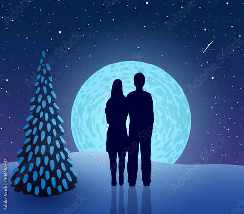 Vector winter illustration. St. Valentine's Day. silhouette of couple near tree in love on background of full moon.