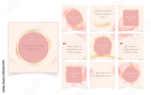 Set of editable minimal square instagram social media posts templates. Fashion background with pastel pink brush strokes, golden frames. Suitable for social media posts, puzzle feed, apps, banners