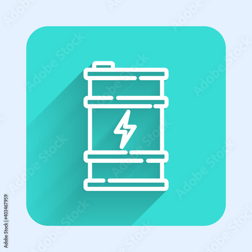 White line Bio fuel barrel icon isolated with long shadow. Eco bio and canister. Green environment and recycle. Green square button. Vector.