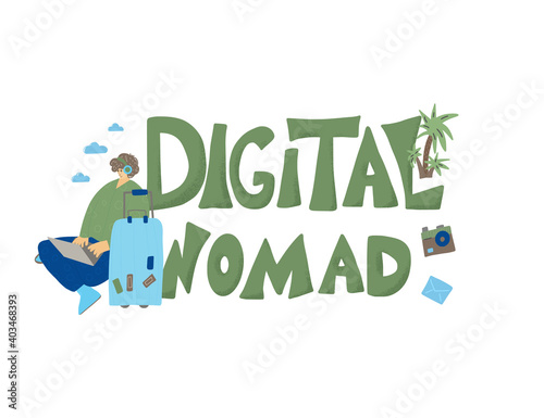 Digital nomand concept. Vector man with plaptop