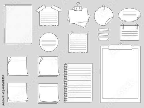 Collection of papers for memo - notepads, stickers, notebooks isolated on white background. Vector illustration