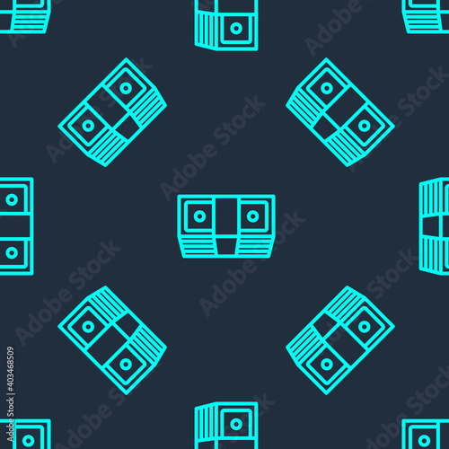 Green line Bribe money cash icon isolated seamless pattern on blue background. Money banknotes stacks. Bill currency. Vector. © Kostiantyn