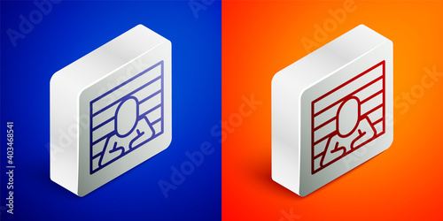 Isometric line Prisoner icon isolated on blue and orange background. Silver square button. Vector.