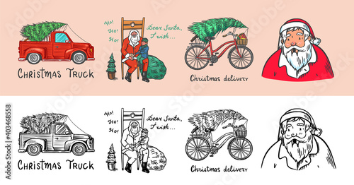 Car and Bicycle with a Christmas tree. Spruce iand wreath. Santa Claus. Bearded grandfather with a child. Vector illustration for label  postcard or banner. Hand drawn Vintage engraved sketch. 