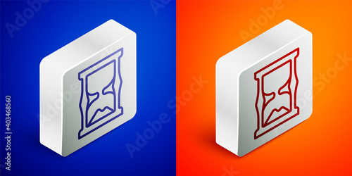 Isometric line Old hourglass with flowing sand icon isolated on blue and orange background. Sand clock sign. Business and time management concept. Silver square button. Vector.