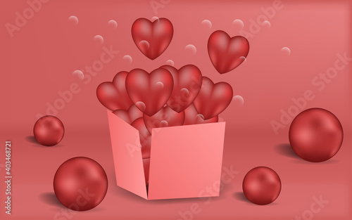 Love heart 3d and balls realistic background , happy valentines futuristic box suprise decoration romantic celebration party , banner design website isolated modern layout greeting gift 