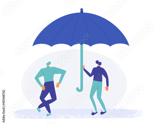 Two friends wearing in casual clothes standing together under an umbrella. Two persons protection from rain. Vector flat illustration.