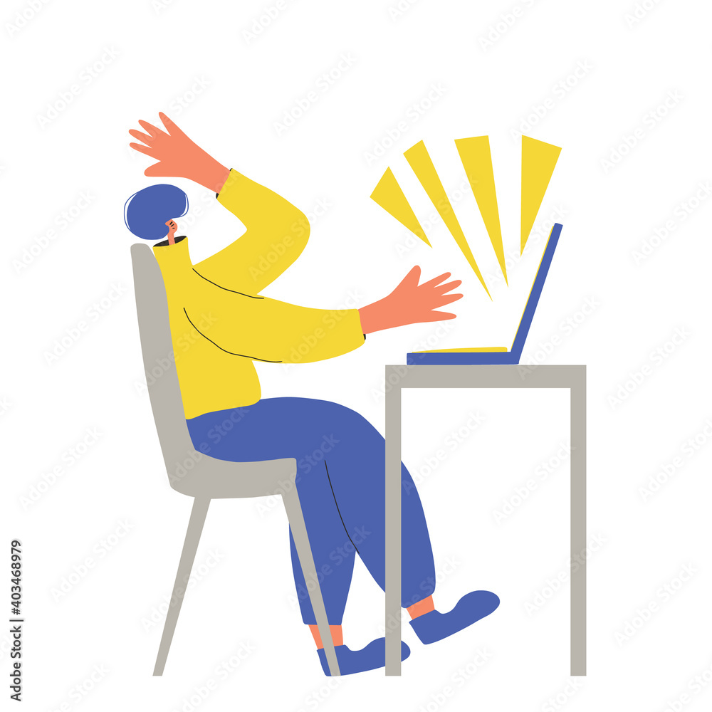 Fototapeta premium Man work with laptop. Vector flat design.