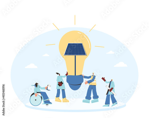 Solar energy system symbol. Field service technician, worker, managerand client with huge lightbulb with modul sign. Scene with people and panels. Sustainable development. Vector flat illustration.