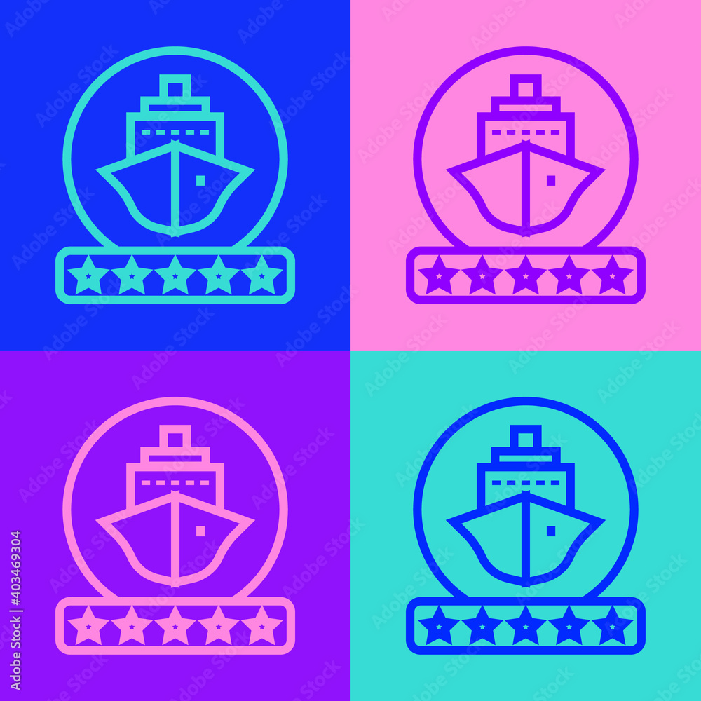 Pop art line Cruise ship icon isolated on color background. Travel tourism nautical transport. Voyage passenger ship, cruise liner. Worldwide cruise. Vector. Pop art line Cruise ship icon isolated on color background. Travel tourism nautical transport. Voyage passenger ship, cruise liner. Worldwide cruise. Vector.