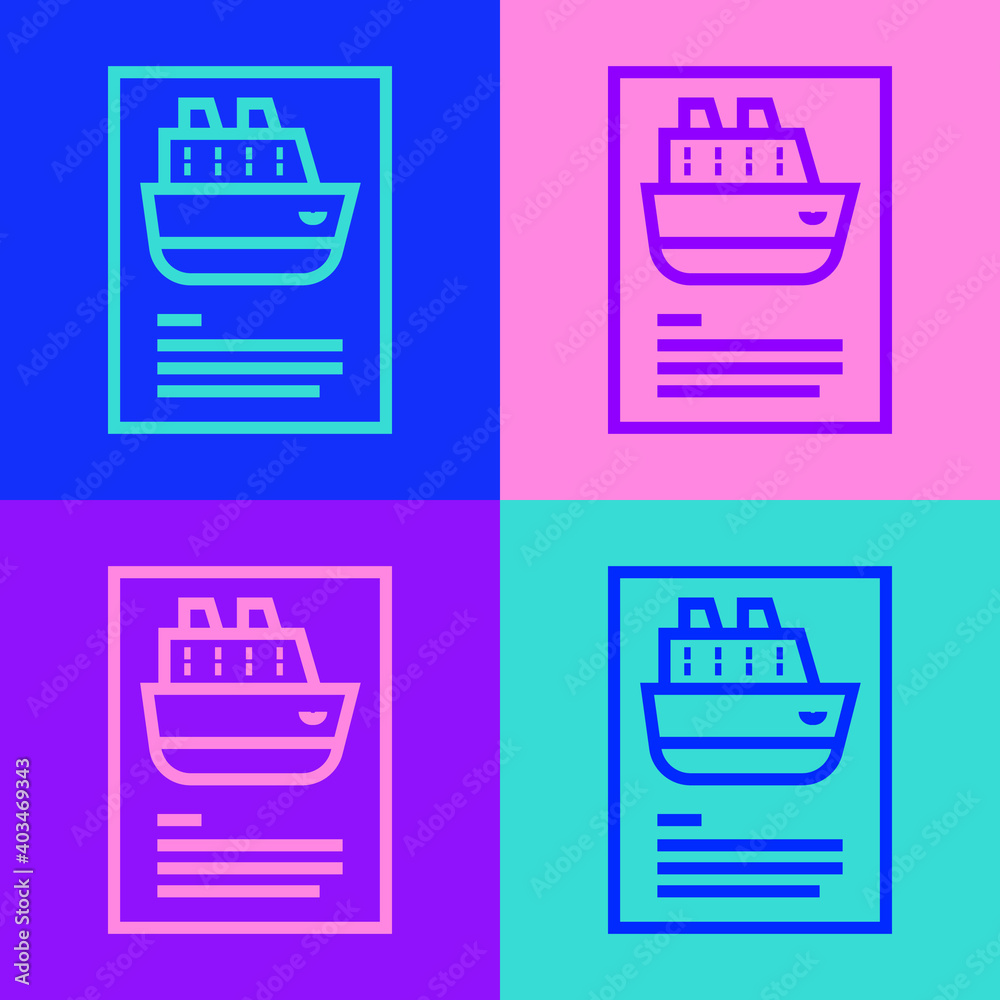 Pop art line Cruise ship icon isolated on color background. Travel tourism nautical transport. Voyage passenger ship, cruise liner. Worldwide cruise. Vector. Pop art line Cruise ship icon isolated on color background. Travel tourism nautical transport. Voyage passenger ship, cruise liner. Worldwide cruise. Vector.