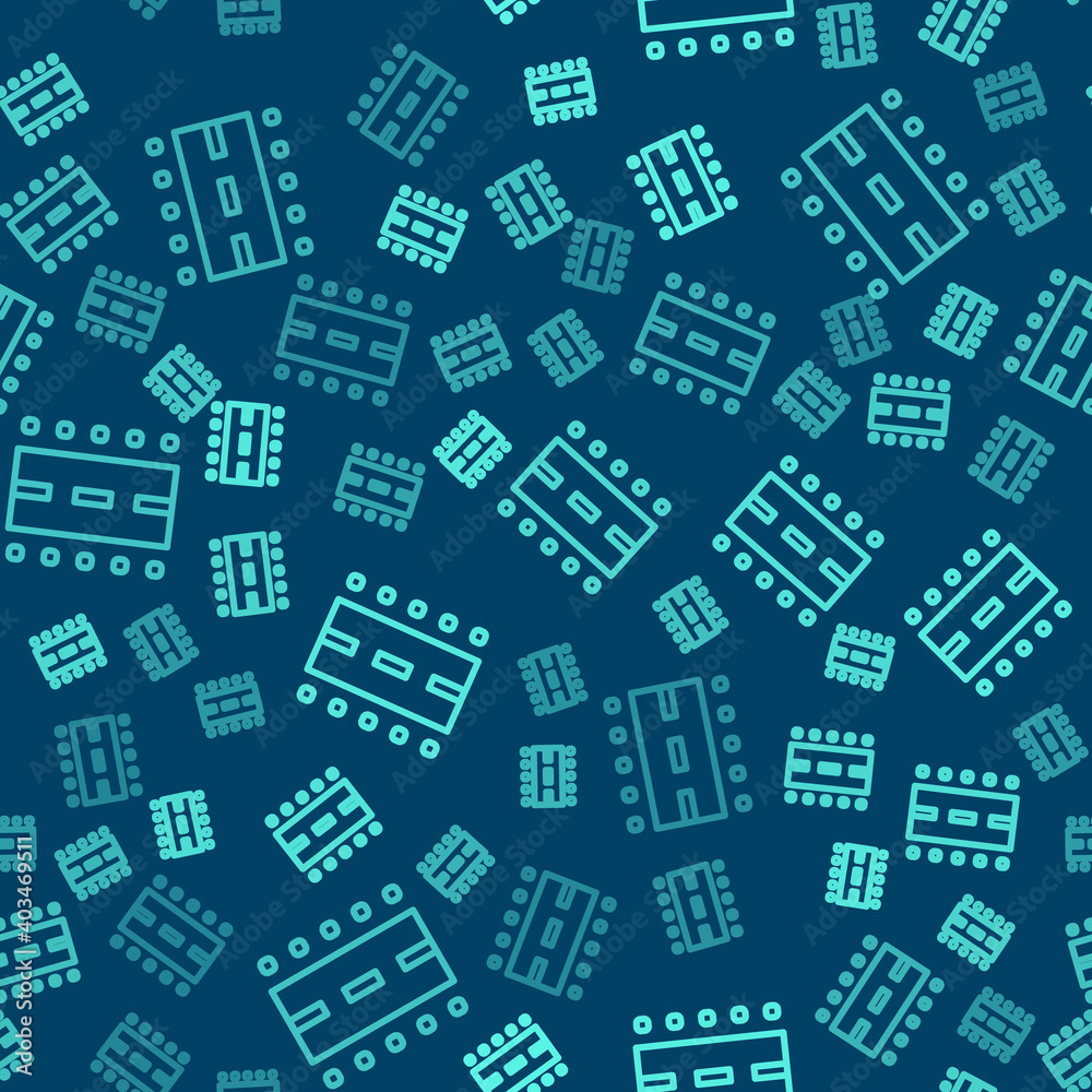 Green line Airport runway for taking off and landing aircrafts icon isolated seamless pattern on blue background. Vector.