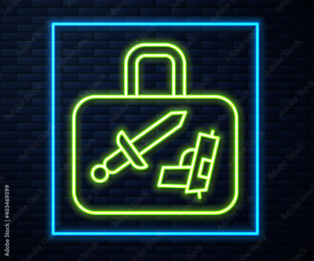 Glowing neon line Suitcase for travel icon isolated on brick wall background. Traveling baggage sign. Travel luggage icon. Vector. Glowing neon line Suitcase for travel icon isolated on brick wall background. Traveling baggage sign. Travel luggage icon. Vector.