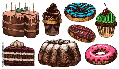 Cakes and cream tarts, fruit desserts and muffins. Chocolate Donuts, Sweet Food. Hand drawn pastries. Vintage engraved sketch. Vector illustration for a banner or menu of a cafe and restaurant.