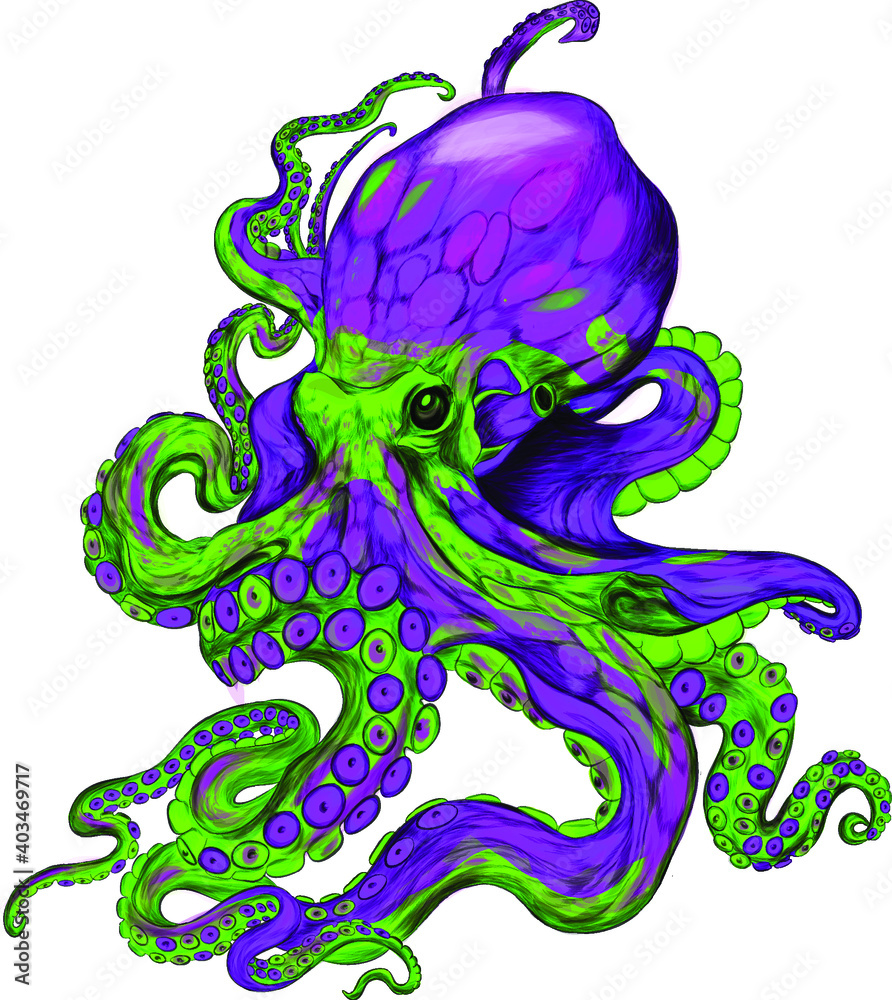 octopus purple, green sea reptile vector illustration