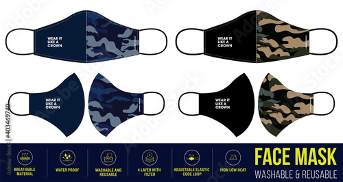 Camouflage Printed Clothing medical Face mask design, Reusable Clothing Face mask design with digital print and Fabric feature details, Washable medical Face mask, Fashionable medical face mask design