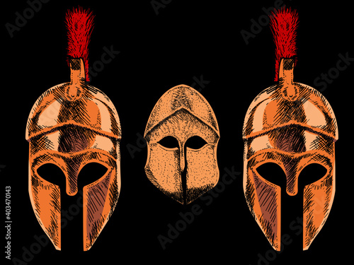 Vector illustration of three Corinthian helmets on black background. Ideal design to accompany texts on archeology and classical Greece