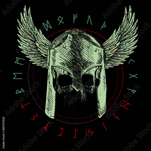 T-shirt vector design of a skull with winged helmet and runic characters isolated on black. 