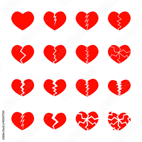 Set of red broken hearts icons isolated on white background. Different symbols of heartbreak, divorce, parting. Vector flat illustration.