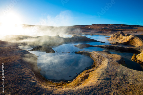 Tablou canvas Sol de Manana geysers and geothermal area in the Andean Plateau in Bolivia