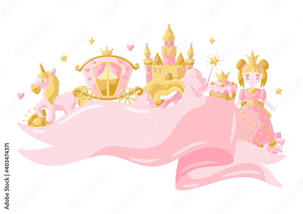 Princess party items background. Princess party items background.