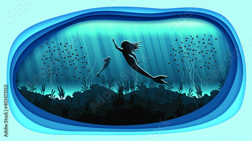 Abstract Underwater Paper Cut Background With Mermaid Fishes Seaweed Vector Design Style