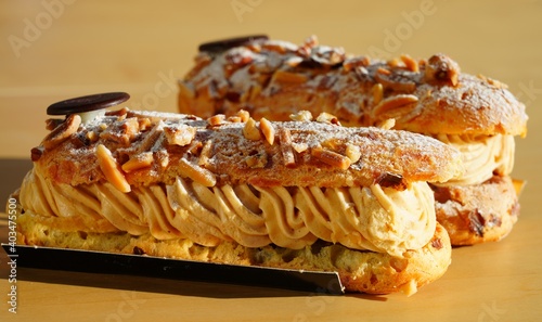 Photography Two fresh Paris-Brest praline choux pastry cakes