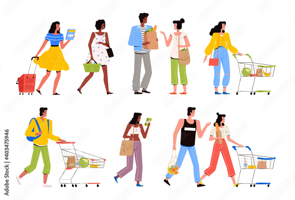 Young men and women with bags, trolleys and packages in a supermarket. People choose products and shop at the store