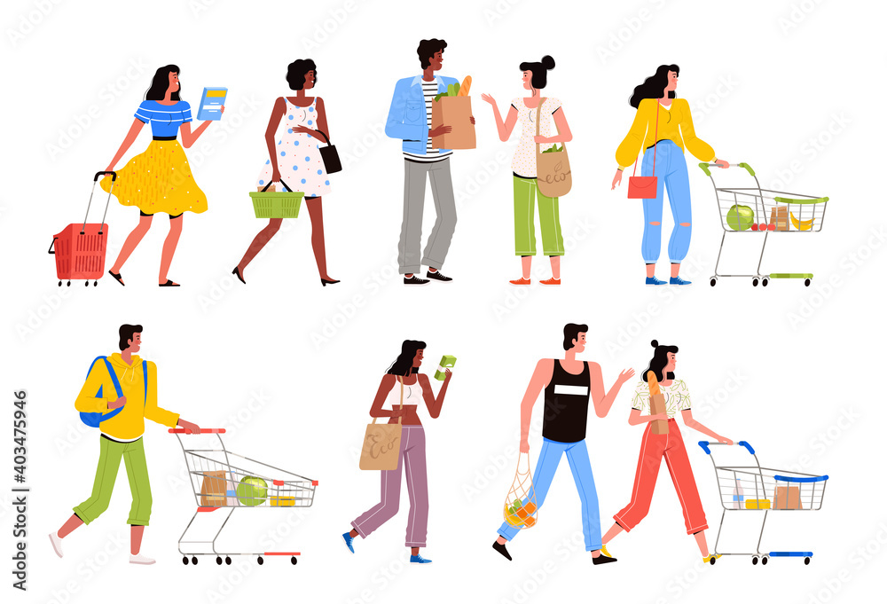 Young men and women with bags, trolleys and packages in a supermarket. People choose products and shop at the store Young men and women with bags, trolleys and packages in a supermarket. People choose products and shop at the store