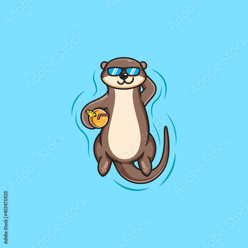 cute otter swim casually. vector illustration. an otter who is enjoying swimming in the pool with a glass of orange juice. flat cartoon style.