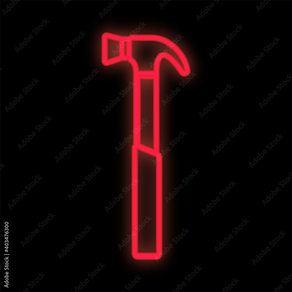 Bright luminous red industrial digital neon sign for shop workshop service center beautiful shiny with a hammer for repair on a black background. illustration Bright luminous red industrial digital neon sign for shop workshop service center beautiful shiny with a hammer for repair on a black background. illustration