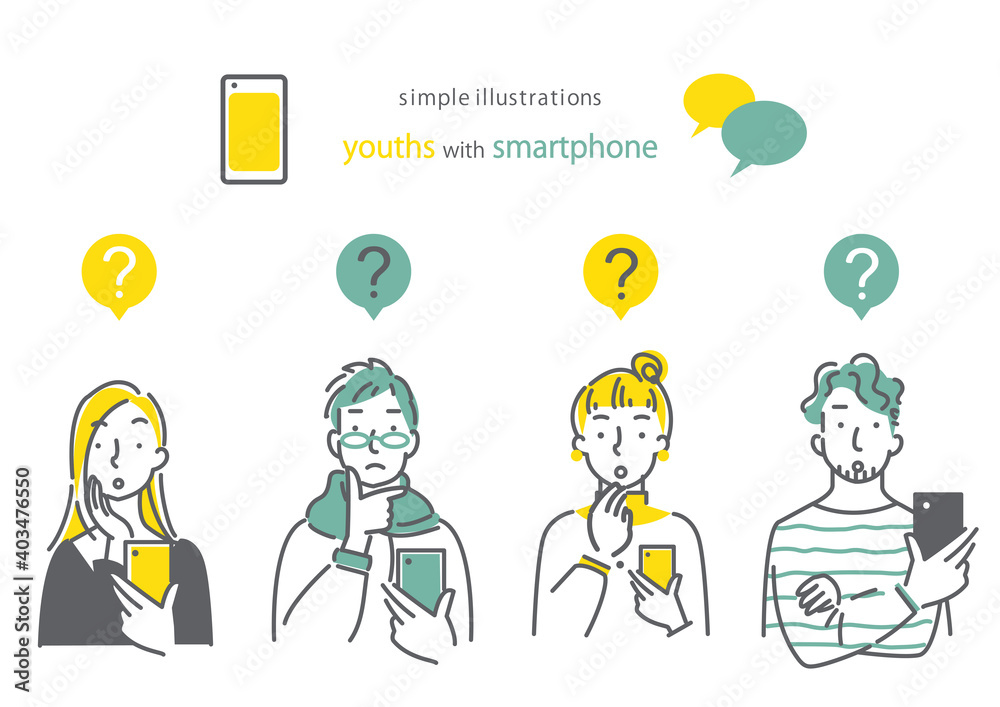 スマホを持って考えている人 男女４人セット シンプルでお洒落な線画イラスト Stock Vector Adobe Stock