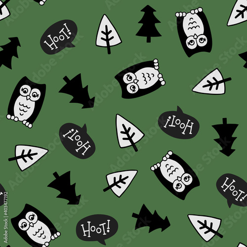 Owls, Trees, and Hoot seamless pattern 