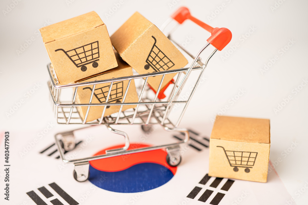 Box with shopping cart logo and Korea flag, Import Export Shopping online or eCommerce finance delivery service store product shipping, trade, supplier concept.