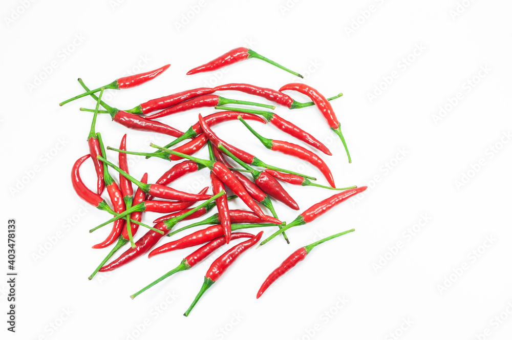 Group Red chili peppers fresh on white background,Top view