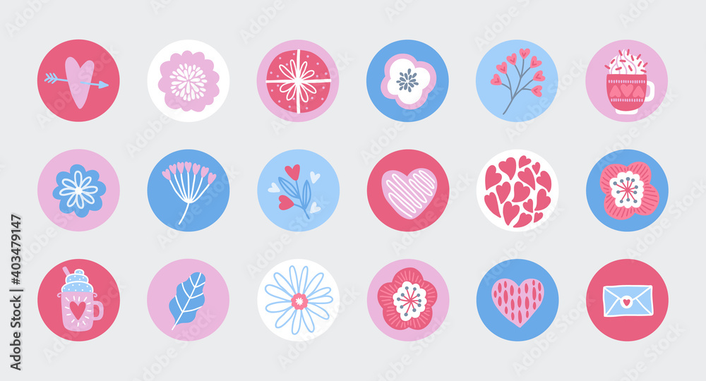 Valentine's Day circle icons with flowers, heart, gift, ice cream Valentine's Day circle icons with flowers, heart, gift, ice cream