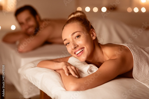 Happy Lady And Her Husband Relaxing At Spa Enjoying Aromatherapy