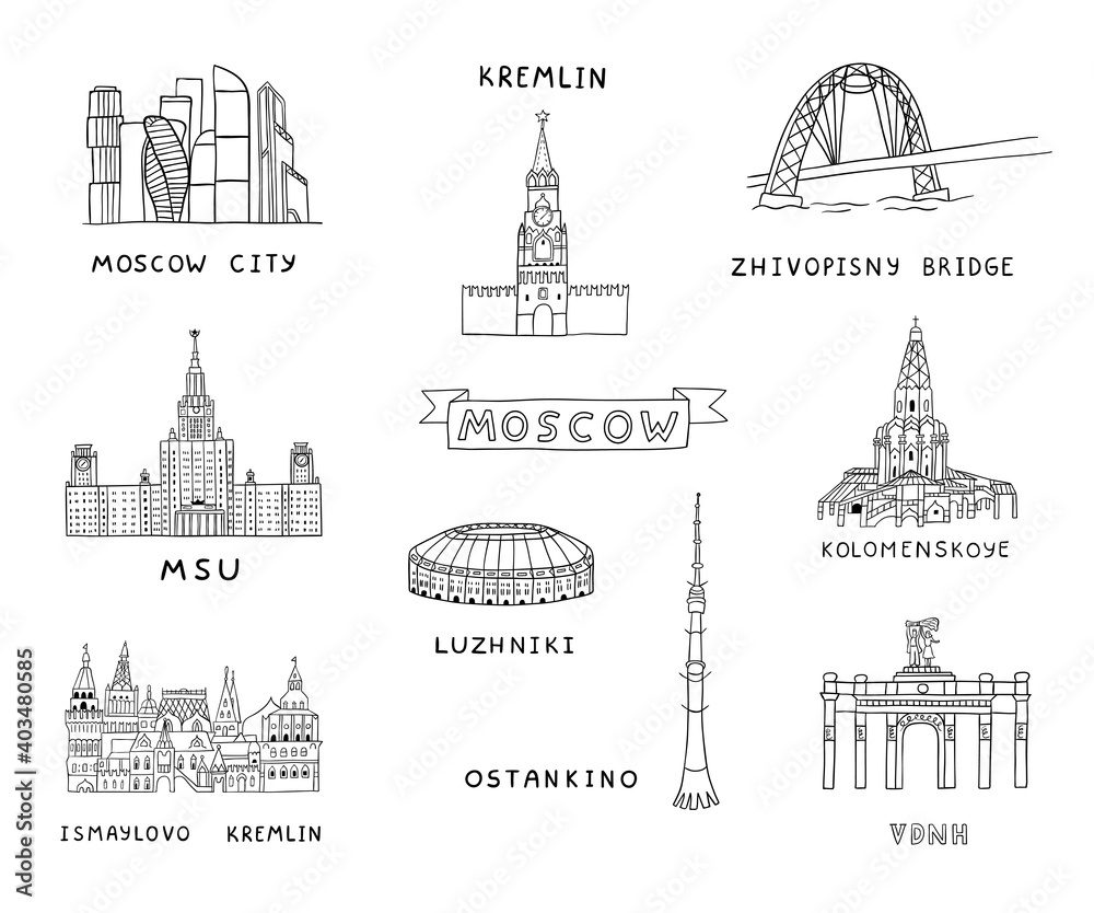 Set of hand drawn Moscow famous places and tourist attractions. Doodle vector illustration
