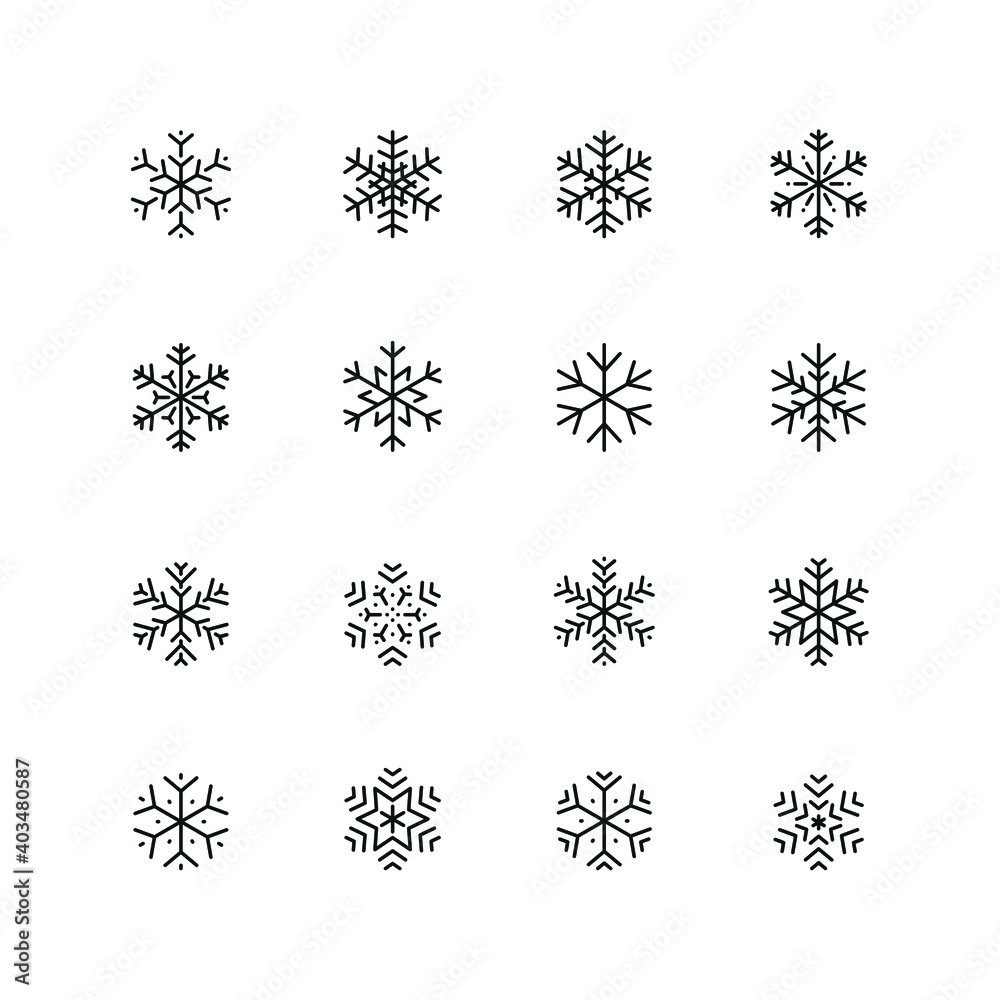 Snowflake related icons: thin vector icon set, black and white kit