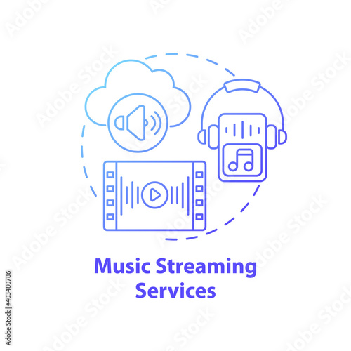 Music streaming services concept icon. New media idea thin line illustration. Songs downloading for offline playback. Uploading music collection to cloud. Vector isolated outline RGB color drawing