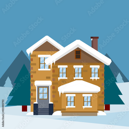 Winter home. Suburban building with snowdrifts on the natural landscape