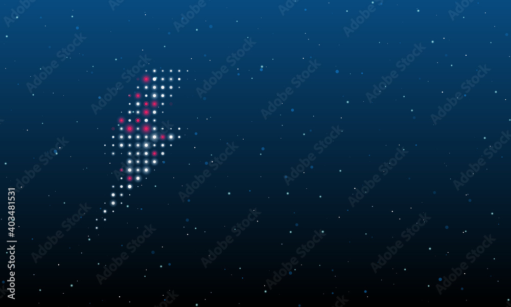 On the left is the lightning symbol filled with white dots. Background pattern from dots and circles of different shades. Vector illustration on blue background with stars